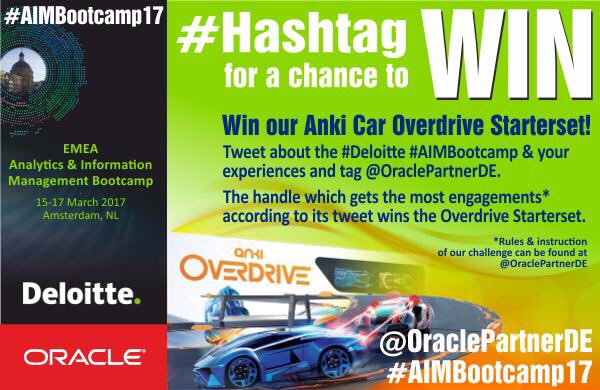 OraclePartnerDE's tweet photo. Tweet with us about the #Deloitte #AIMBootcamp2017 & win a cool #ankicar starterset! #IoT #bigdata #aimbootcamp17 https://t.co/5aNgFKv6ae