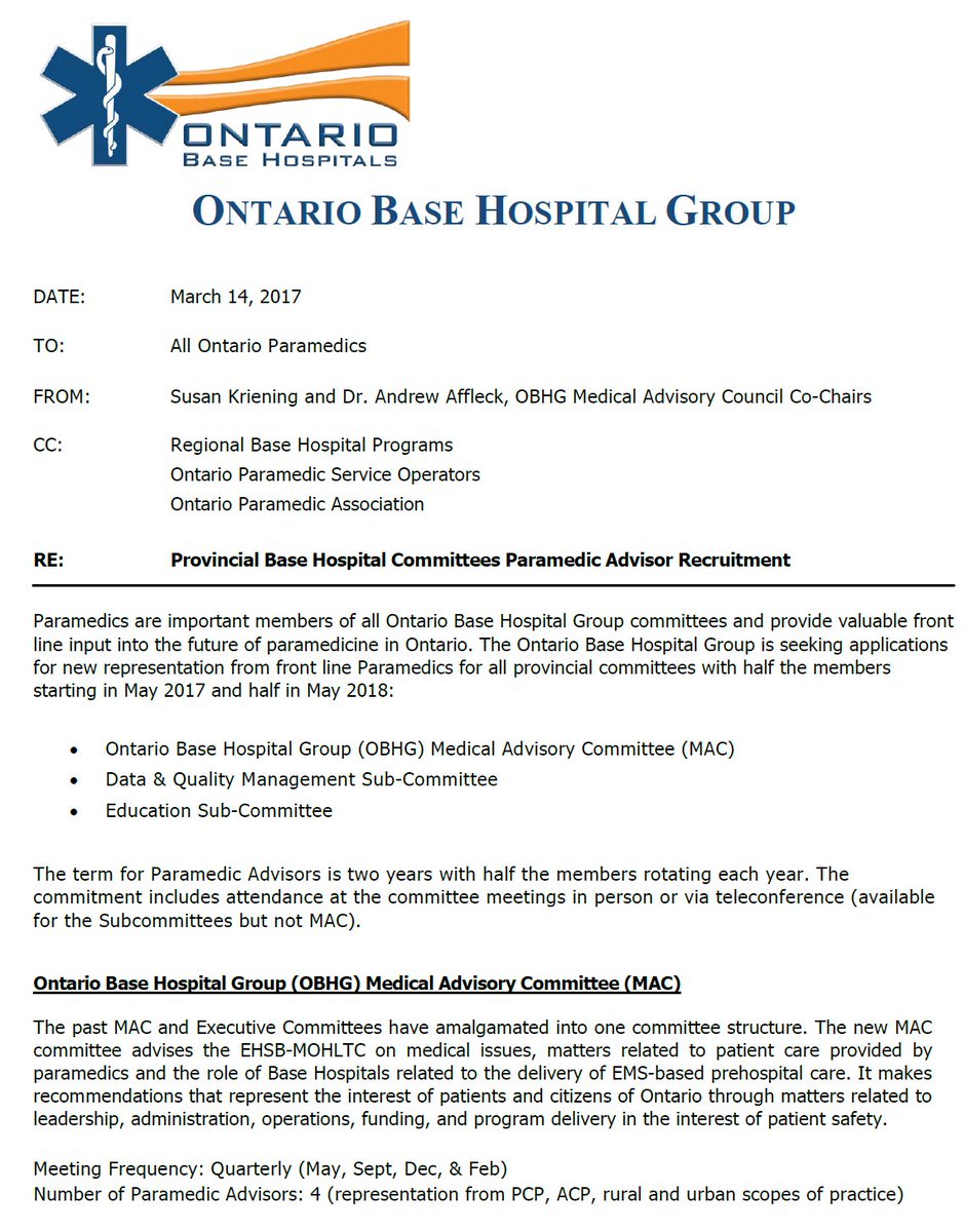OntarioBHG's tweet photo. Attention Ontario Paramedics, opportunity to become a Paramedic Advisor on an OBHG committee https://t.co/GAafMZh8Rn