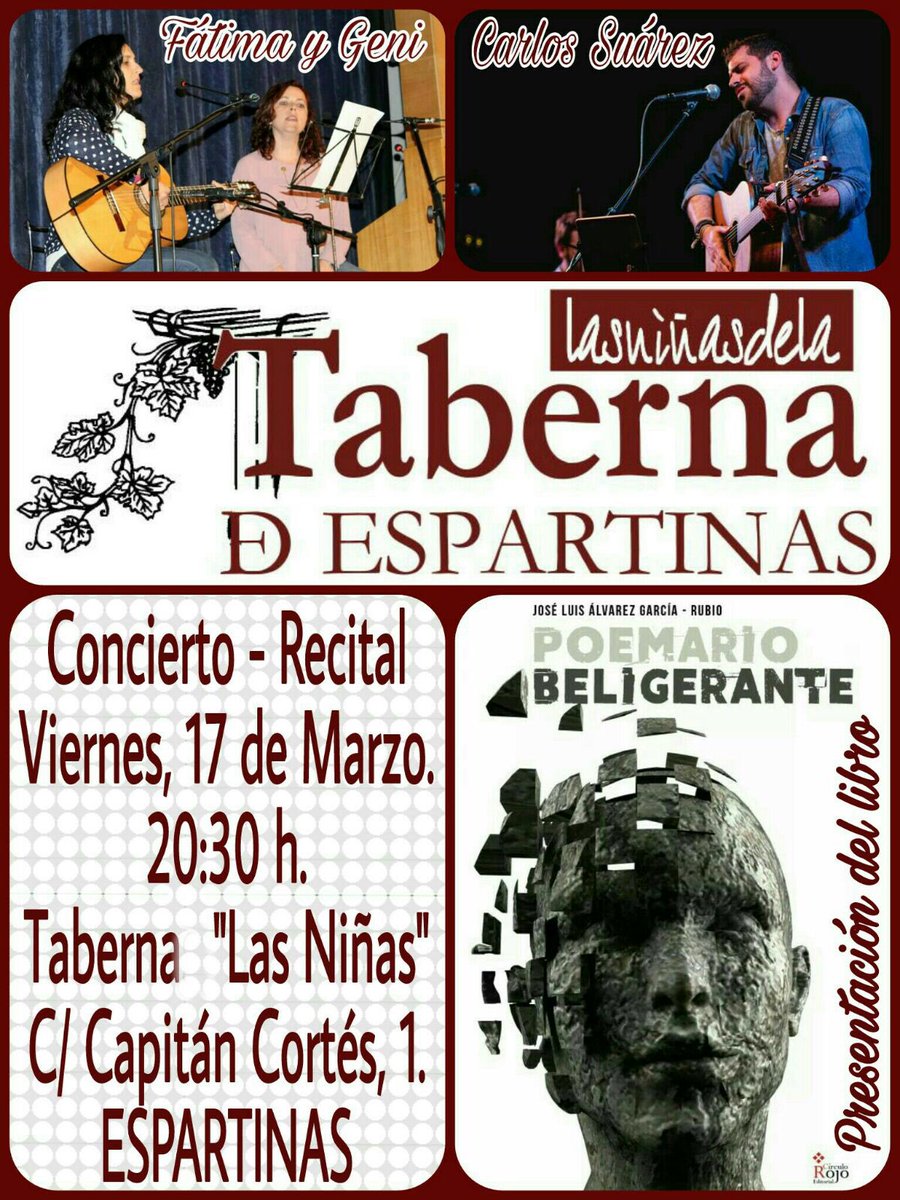Viernes 17 de marzo a las 20:30 h, #ConciertoRecital en <a href="/Taberna_esparta/">Las niñas</a> de #Espartinas, presentación "Poemario Beligerante" de J.L. Álvarez