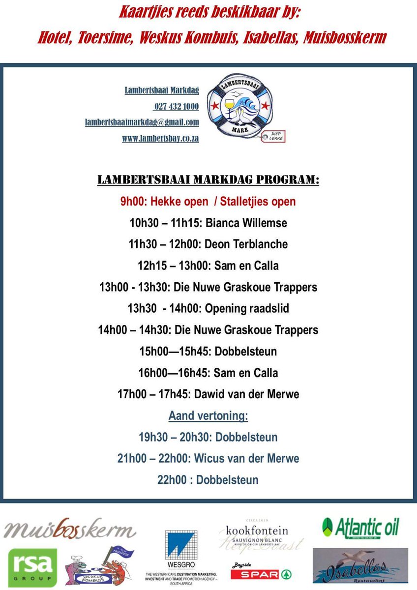 BayLamberts's tweet photo. Hier is die program vir Saterdag 18 Maart se #Lambertsbaai #Markdag https://t.co/oEZ1G7z7Ws