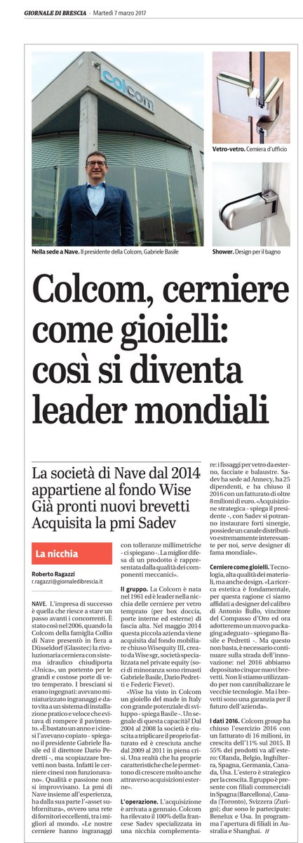 ColcomGroup's tweet photo. L'intervista al nostro CEO Gabriele Basile sul Giornale di Brescia #ColcomGroup #DoorcloserHinges @basilenews https://t.co/UoBIumNAJk https://t.co/4EZKGncFGV