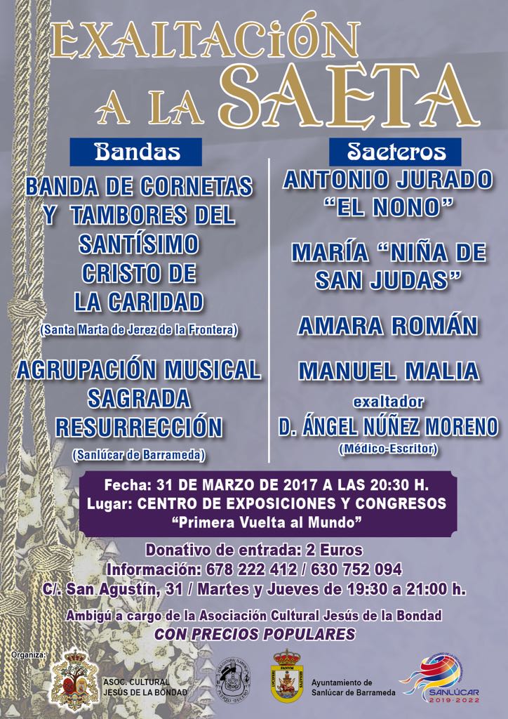 bondadsanlucar's tweet photo. #exaltacionalasaeta 31/3/2016 #entradas son con un fin #solidaro a 2 € #cadenadefavores #agradecer #puertolucero D.Ángel Nuñez @AytoSanlucar https://t.co/ak5rMpFd42