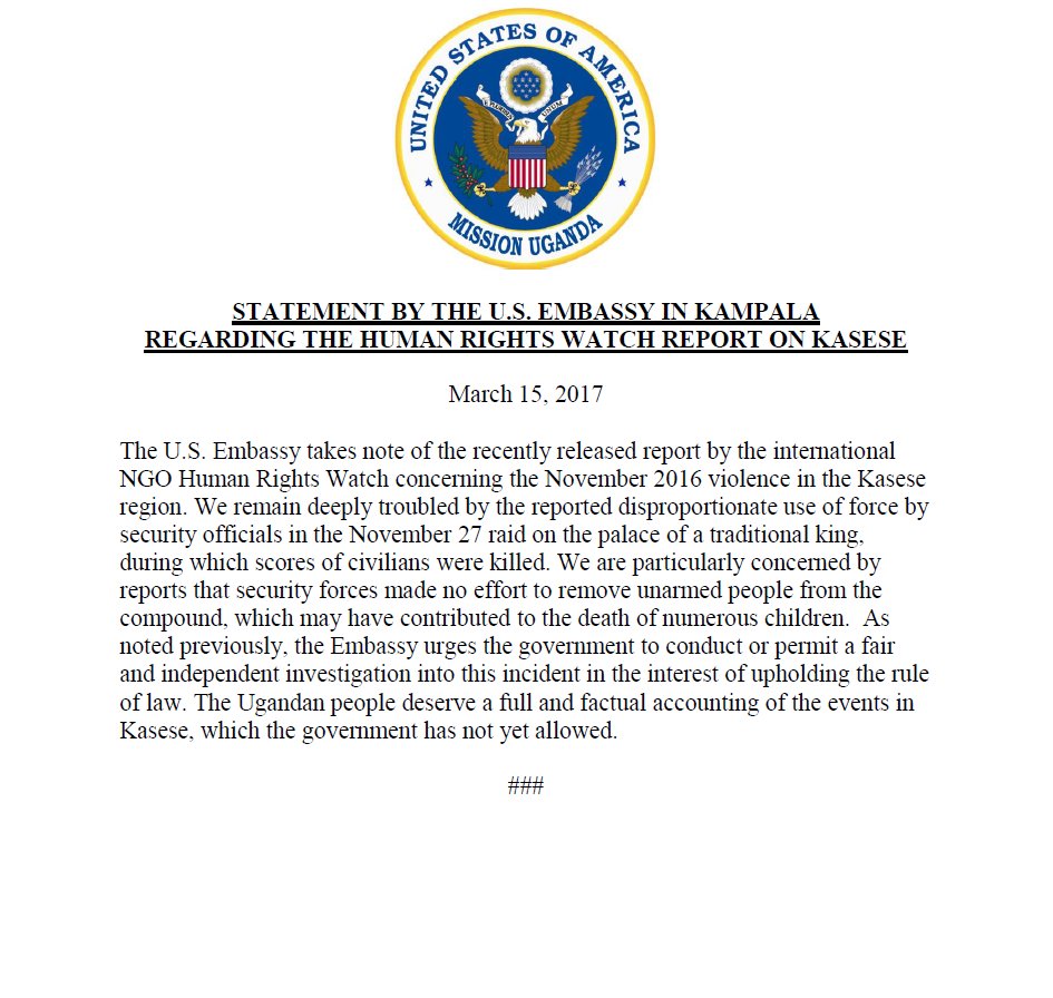 USEmbassyUganda's tweet image. Statement by @usmissionuganda on @hrw report concerning November 2016 violence in Uganda's Kasese region