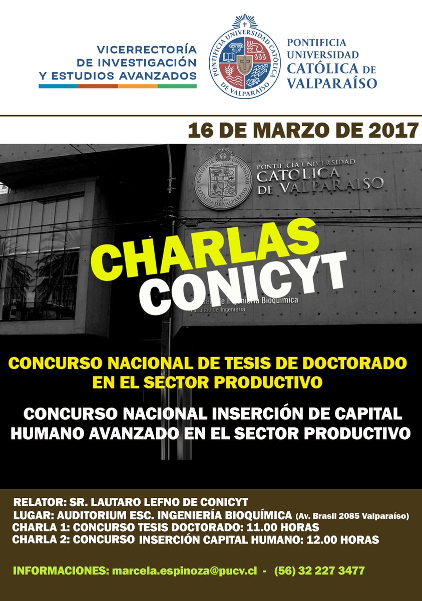 Jueves 16 - 11 y 12 horas: Charlas Informativas #Conicyt en la #PUCV dictadas por el especialista Lautaro Lefno
 goo.gl/2Gl9oE