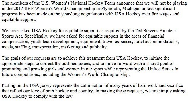 maddie_rooney35's tweet photo. US WNT will not play in 2017 World Championship due to stalled negotiations over fair wages and support from USA Hockey #BeBoldForChange https://t.co/8KBJHihKKD