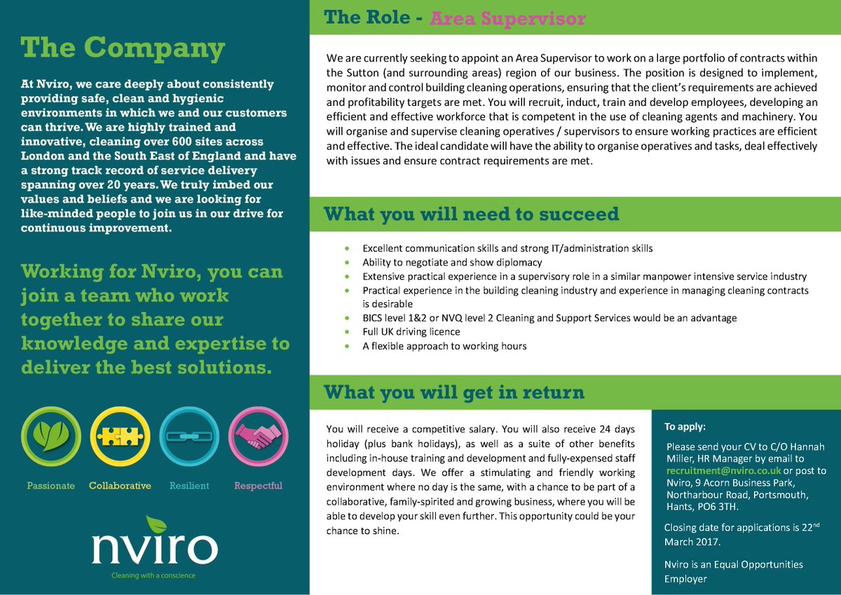 nvirocleaning's tweet photo. New role! We are recruiting for an #AreaSupervisor | Find out more & apply at recruitment@nviro.co.uk | Closes 22 March #Sutton #jobs https://t.co/wYGtdL1Y78