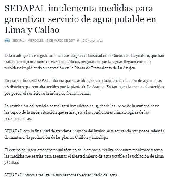 SEDAPAL: Se restringirá abastecimiento de agua potable en Lima y Callao ...