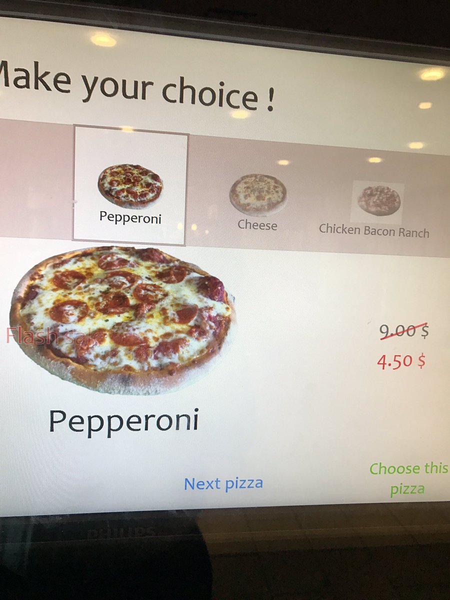 XUAuxServices's tweet image. Flash sale at the Pizza ATM. The next 5 pepperoni pizzas are on sale at half price!!!!