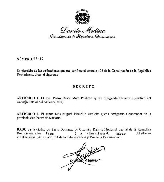 Danilo Medina designa a Pedro Mota P. Director Ejecutivo CEA y a Luis Piccirillo M. Gobernador provincia San Pedro Macorís. #NoticiasHF