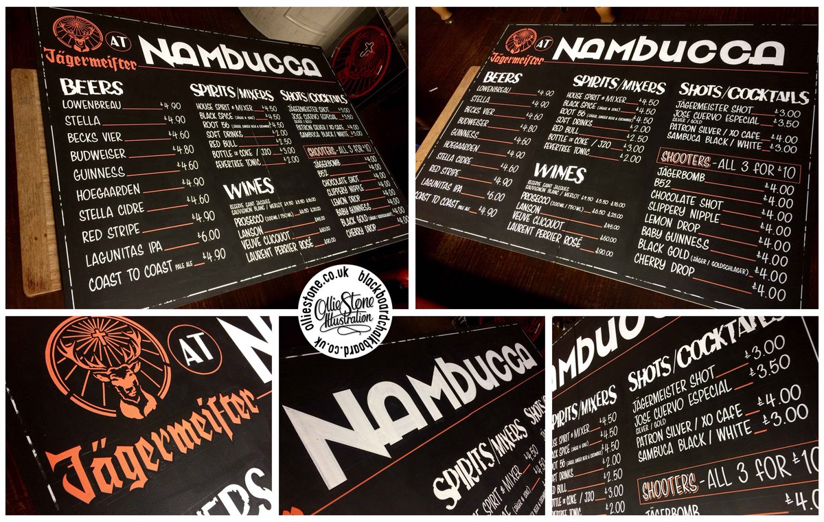 olliestonedraws's tweet photo. New drinks menu for @JagerUK and @Nambucca_Live. Have a great weekend guys!
#chalkboardartist #chalkboardmenu #nambucca #jager #olliestone https://t.co/Ga87ez6kLn