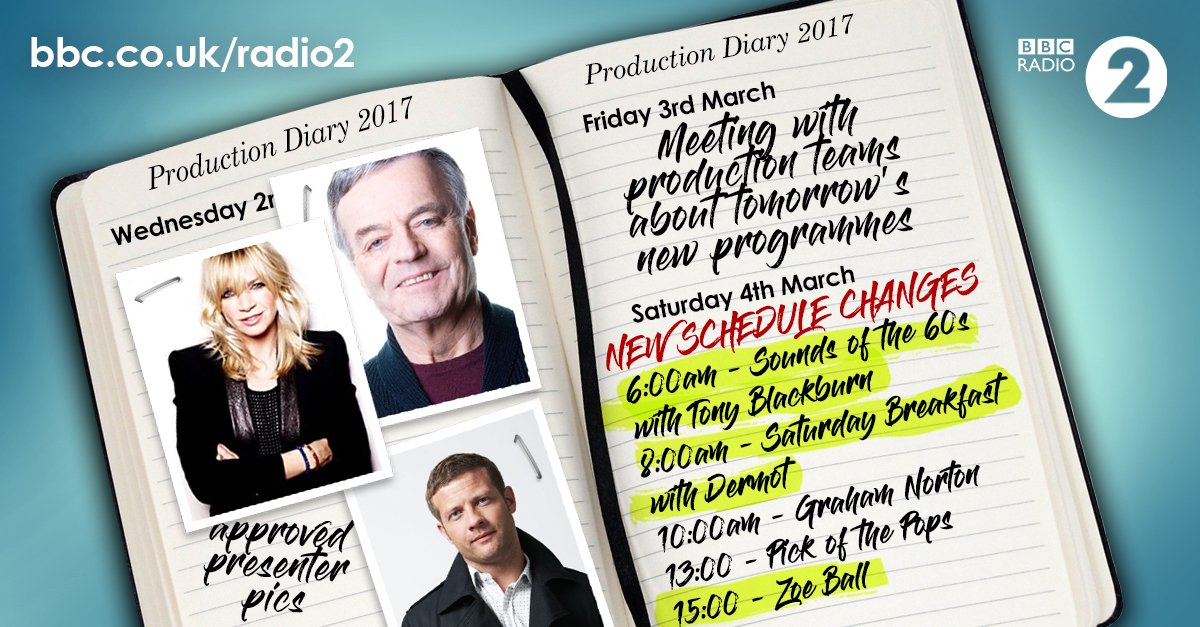 Bbc Radio 2 On Twitter Diaries At The Ready This Is What Saturday On Radio 2 Will Look Like From Tomorrow Tonyblackburn Radioleary Zoetheball Https T Co 1cn4g9yqwr