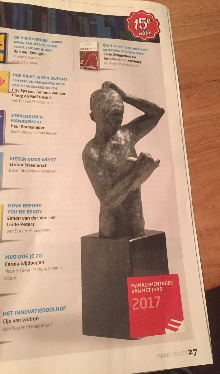 antoonvanl's tweet photo. In laatste @Mgtboeknl magazine aandacht voor jury én longlist van 15e managementboek van het jaar verkiezing @KarinZegt @VanHarenpub #cio30 https://t.co/WUunCxgiBO