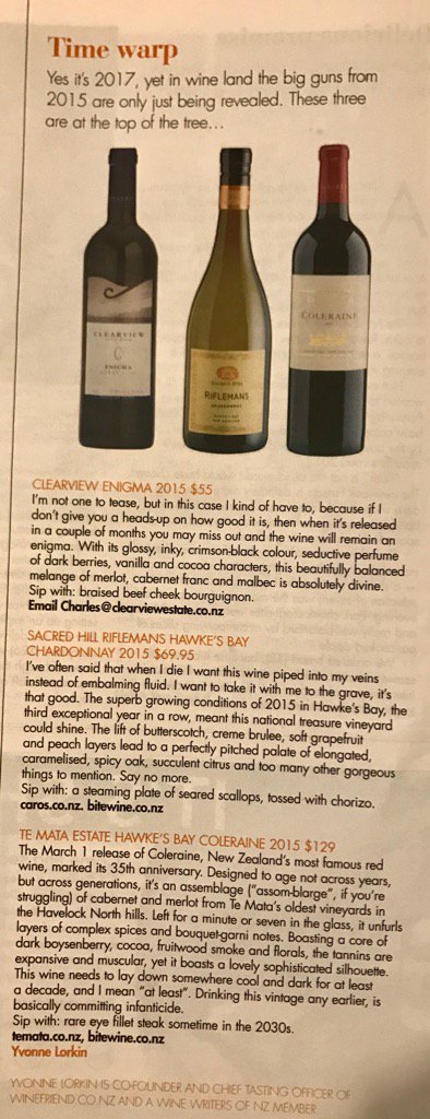 My wine reviews in today's <a href="/NZHCanvas/">Canvas Magazine</a> @SacredHillWines @TeMataEstate <a href="/ClearviewEstate/">Matt Kirby</a> #bigguns #hawkesbay #vintage15