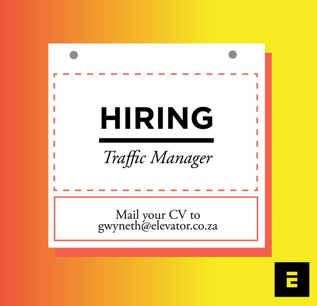 ima_SAfrica's tweet photo. We’re looking for a super-organised &amp; dynamic traffic manager to join our team in the CPT office. Email: gwyneth@elevator.co.za https://t.co/6zS9uCDUmp