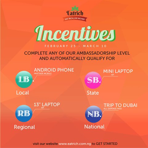 XtripTravels's tweet image. Join #eatrichnetwork for #5k and win #freeandroid. goo.gl/xdw5Th #mlm #waragainsthunger #foodforall @XtripNG whatsapp 08168779399