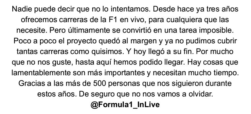 Formula1_InLive's tweet photo. Por mucho que nos duele, todo llega a su fin. #Gracias por estos tres años. https://t.co/oU0RP6XhnR