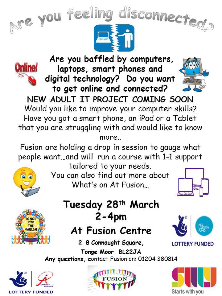 New Adult I.T project coming soon...<a href="/FusionTongeMoor/">Fusion</a> open 2 all...#DigitalInclusion @boltonathome <a href="/boltonlive/">Bolton Live!</a> <a href="/twhBiglocal/">twh Biglocal</a> <a href="/SazzerT/">Sarah Taylor</a> 💻📱RT pls