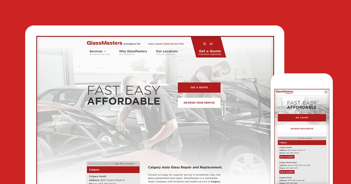 pumpinteractive's tweet photo. We first started working with GlassMasters in 2007, and we're happy to launch their newest site! #web #yyc #SEO https://t.co/Ugqi1Y0xB8 https://t.co/f51GiPR5Px