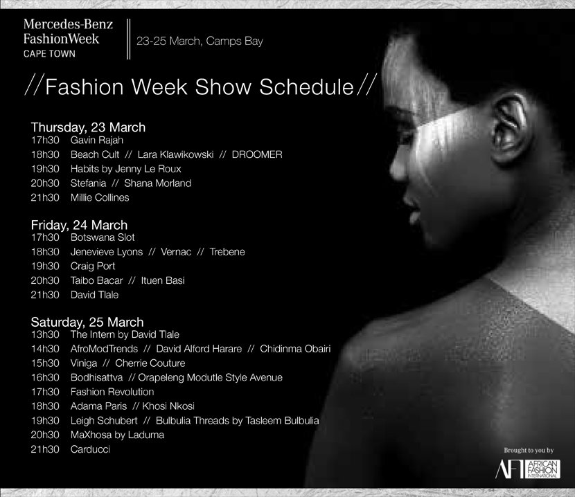 The <a href="/AFI_sa/">Africa Fashion International</a> schedule has been released. Which shows will you be attending?