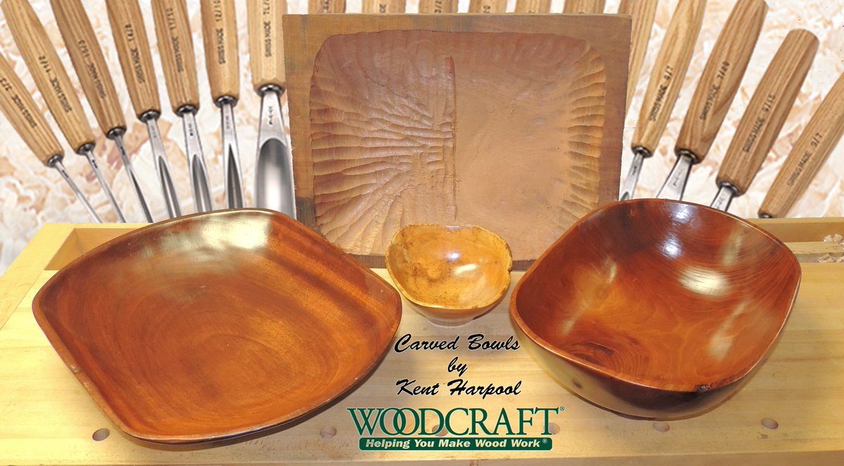 Woodcraft's tweet photo. #CarvedBowls by product guru #KentHarpool, African Mahogany(left &amp; back), small bowl-red oak burl, bowl-right-cherry. #woodcraft #pfeiltools https://t.co/8ZgNhMghDo