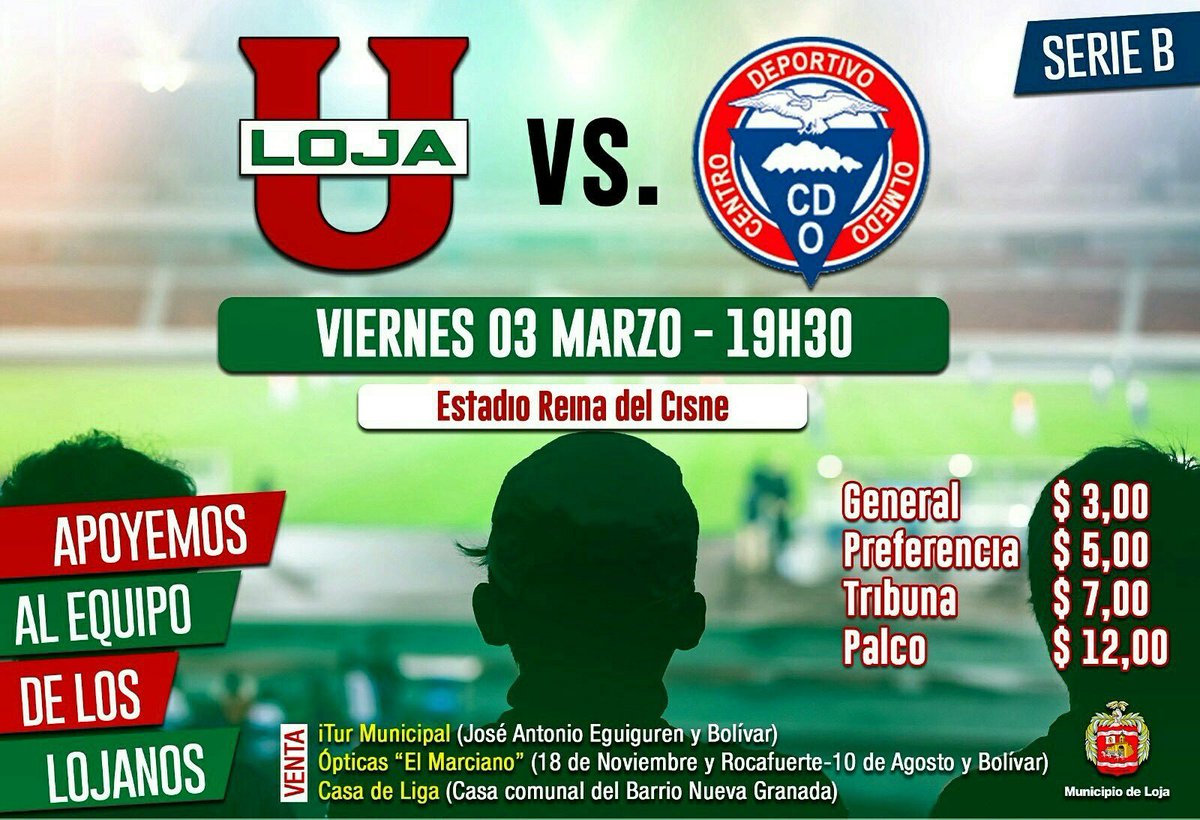 LojaEsTurismo's tweet photo. RT #Loja
Vuelve el fútbol
Todos hoy al "Reina del Cisne" con nuestro equipo @LigadeLojaU  vs #CDOlmedo
Vie/03/Mar
19h30
#GarradelOso
#Neque https://t.co/8EmGzW4Mnn