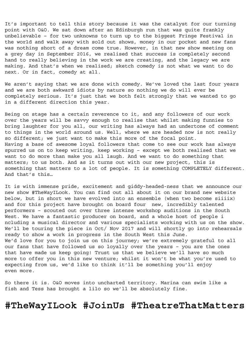 OSheaOGaukroger's tweet image. A H U G E announcement from O&amp;amp;O land...We proudly present - our new direction &amp;amp; show, #TheWayILook Find out more below:
#theatrethatmatters