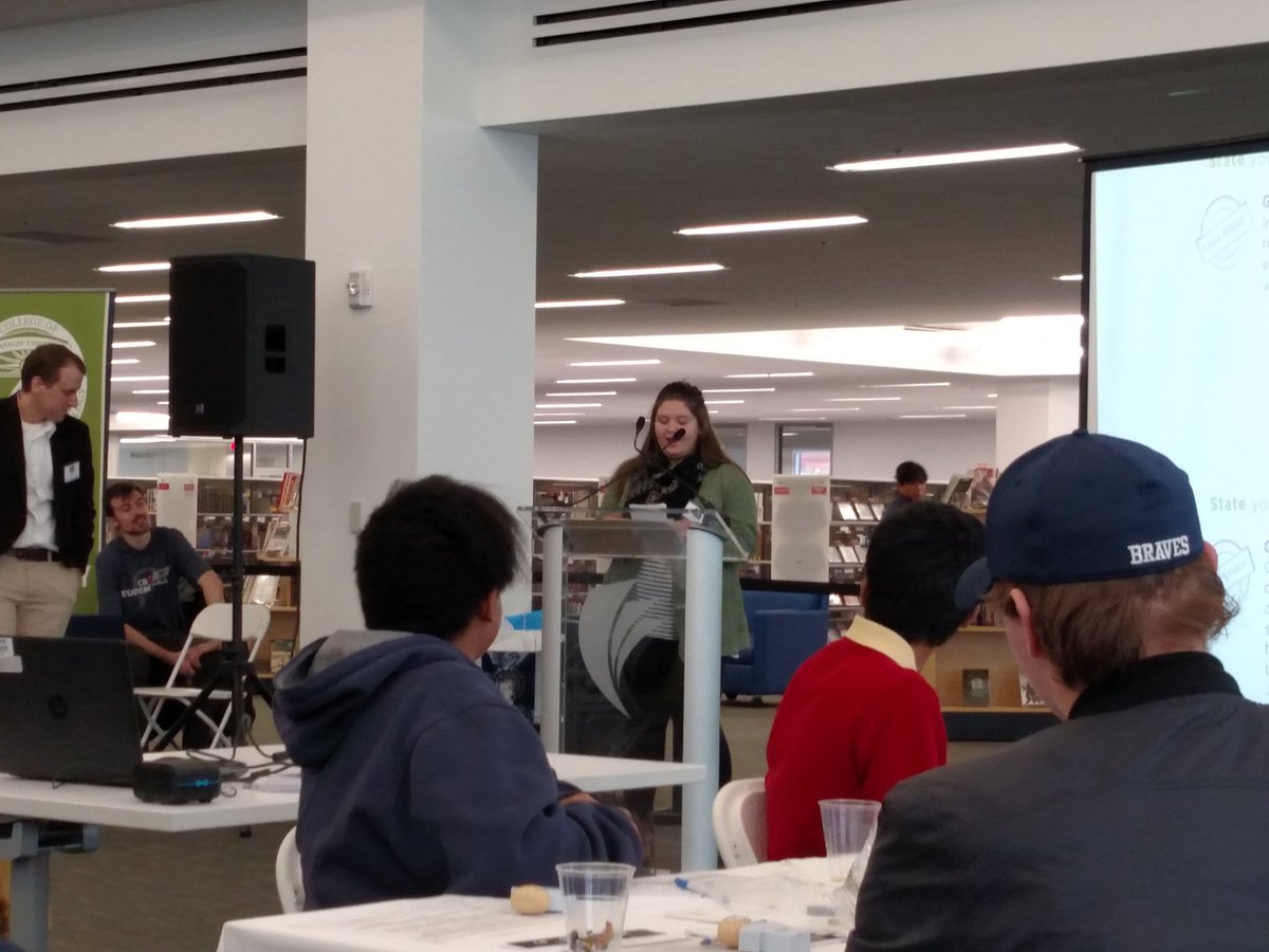 hs2_math's tweet photo. Lexie sharing the kids' brainstorming with the whole group of 41 teams. #cbusstudenthack #RHS_HS2 @reynoldsburghs #weRstem https://t.co/KLYlygq9eo
