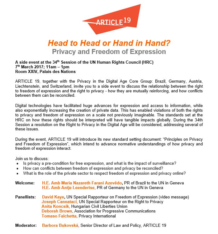 article19UN's tweet photo. Join @Article19UN &amp; the privacy in the digital age core group to discuss free expression &amp; privacy, Tue 7th March, 1100-1300, Rm XXIV #HRC34 https://t.co/5EngaQmf9u