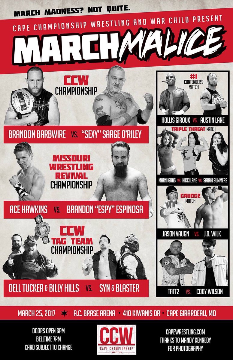 CCWrestling573's tweet photo. Tickets On Sale At 5PM For #MarchMalice At https://t.co/xy8oT4tbiM ! #CapeGirardeau #IndyWrestling https://t.co/Zf9J5rrfbS