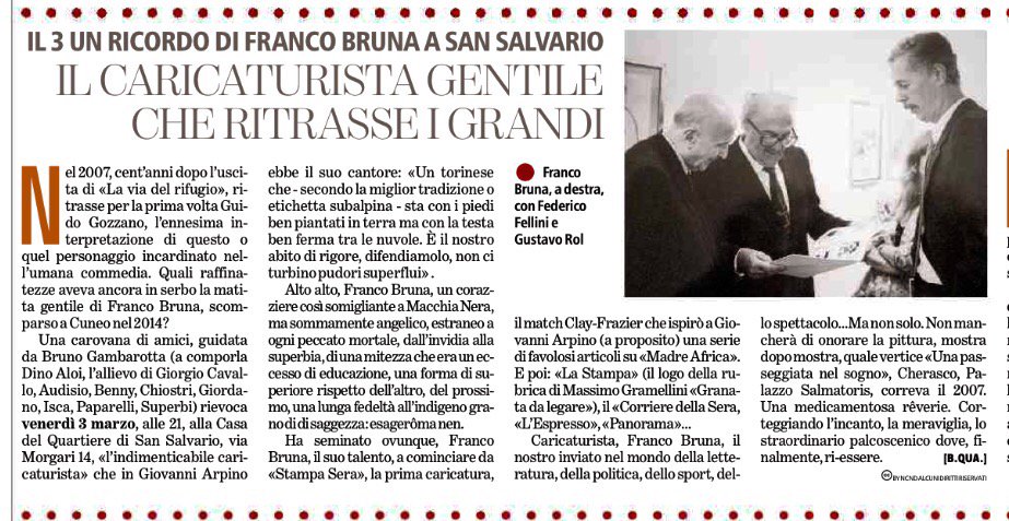 Monikabru's tweet photo. #BrunoQuaranta oggi su @TorinoSette per la serata dedicata a#FrancoBruna presentata da #BrunoGambarotta https://t.co/1vSdwwiA4v