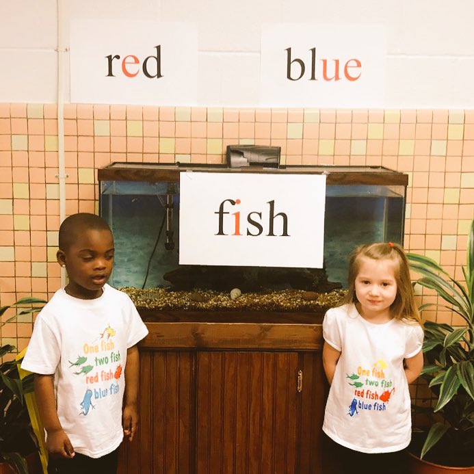 we're ending our Dr.Seuss week today with One Fish, Two Fish, Red Fish, Blue Fish!! Look at our Tiger Cubs Jaidas and Aubrey in their shirts