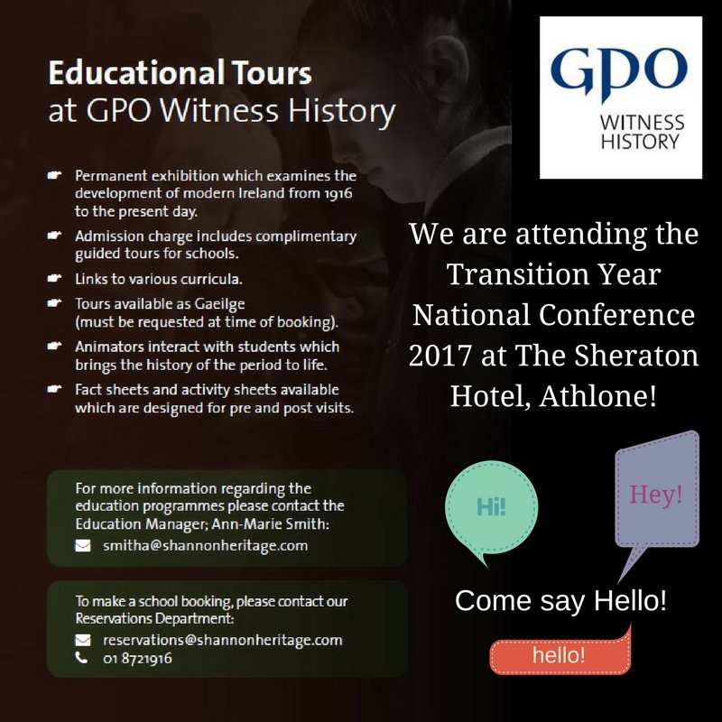 gpowithistory's tweet photo. We will be attending the Transition Year National Conference in the Sheraton Athlone 4-3-17 Pop by & say hello to Ann-Marie! #GPOWH #TYTPN https://t.co/eNklRO2BTH