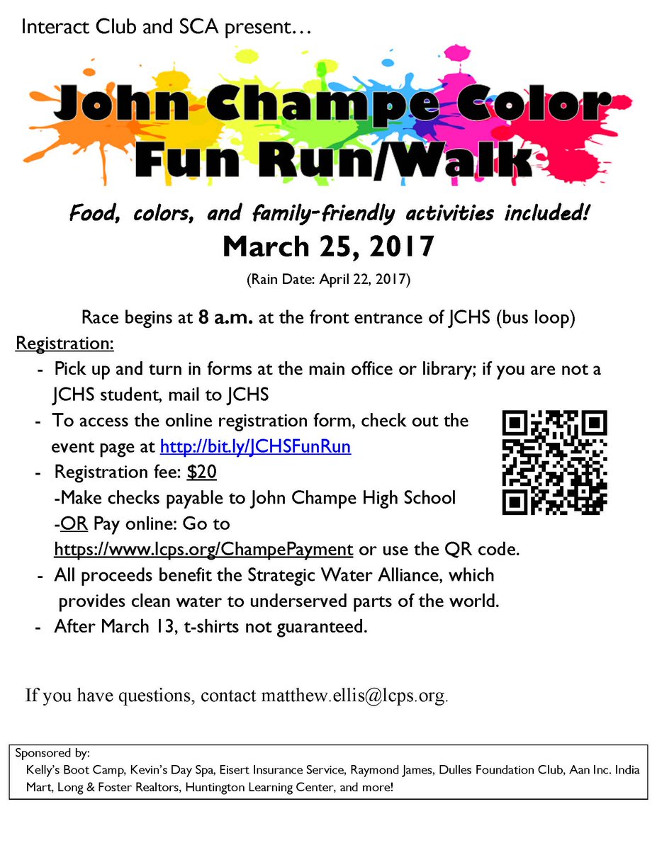 mellisindy's tweet photo. @JCHSHYPESQUAD Fun Run March 25! Only $20. Proceeds bring clean water to Zambia. Color! Gummy bears! Tshirts! Fun & fitness! #JCHSFunRun https://t.co/dRkNMGuOMF
