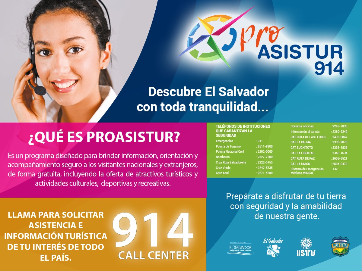 MITURElSalvador's tweet photo. #PROASISTUR asistencia turística 24/7 Disfruta de El Salvador con tranquilidad #ElTurismoNosUne https://t.co/khPAFDU4qS