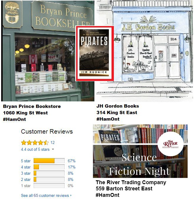 My new SciFi best seller Pirates is in stock at these 3 fine #HamOnt bookstores! Bryan Prince &amp; JHGordon Books!