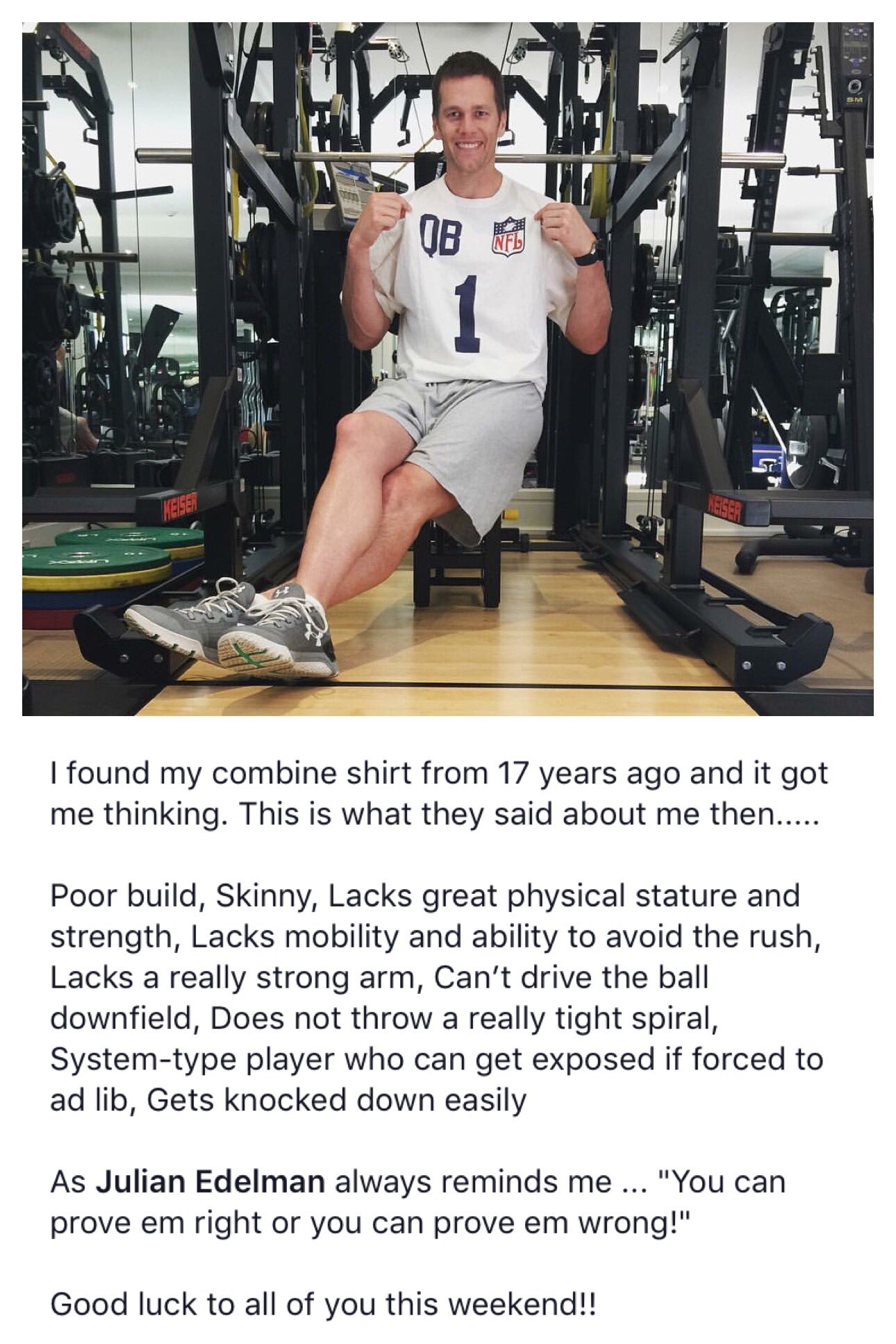 Brad Galli on Twitter: "Tom Brady posted a photo in his shirt from his NFL  Combine, recapping what scouts said about him. https://t.co/JLIU9nuTBo" /  Twitter