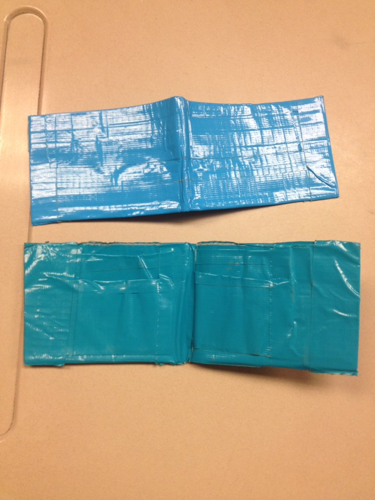 VanArico's tweet image. 1st &amp;amp; 2nd iterations of duct tape wallet #makerproject