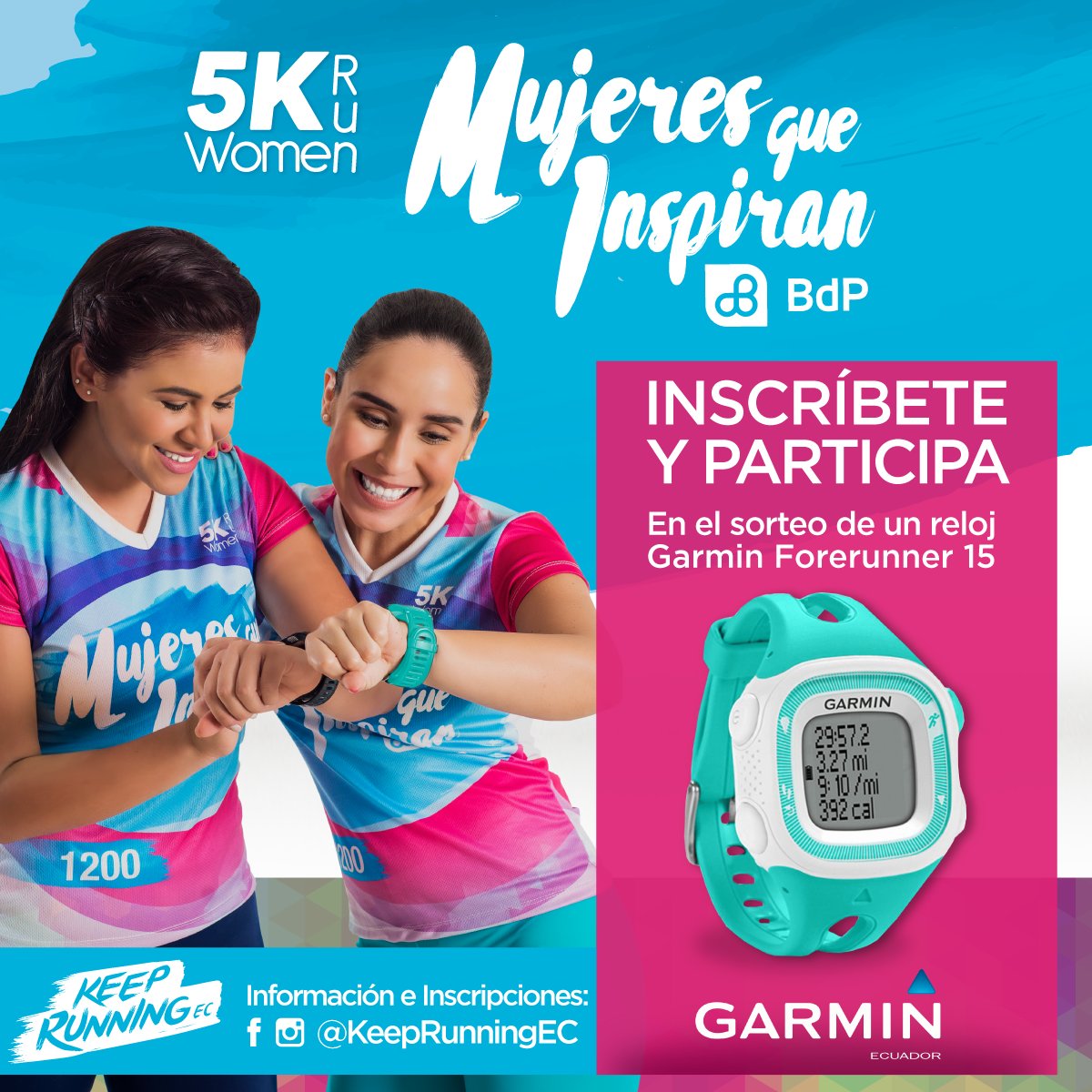 KeepRunningEC's tweet photo. #MujeresQueInspiranBdP #5KWomenRun TODAS participan en sorteo de 1 reloj #ForeRunner15 @GarminEcuador Inscripciones https://t.co/D1HCJgCBcu https://t.co/kc1L7orC4U