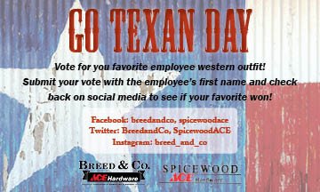 SpicewoodACE's tweet photo. It's #GoTexanDay at #Spicewood #AceHardware! Stop on by and join us as we celebrate with our best western wear. #voteforyourfavorite https://t.co/HidPCaOfDG