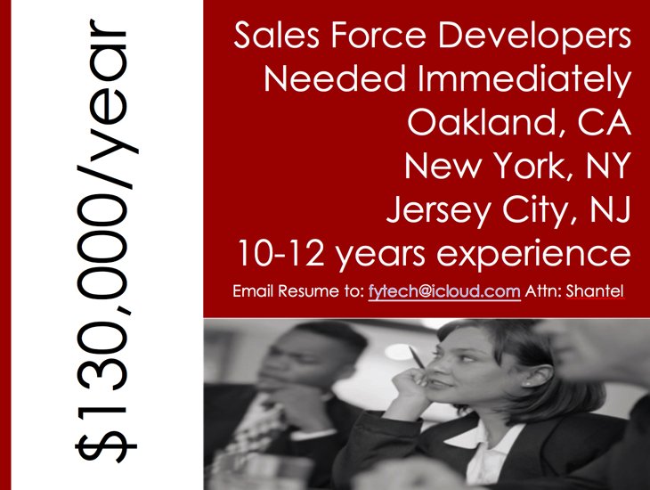 FytechJobs's tweet photo. SFDC Developers Needed Immediately. Dev401 required 501 is a + Apex/Visualforce #ETL #SFDC API expertise. Attn: Shantel at fytech@icloud.com https://t.co/wh6Dkzm8Pz