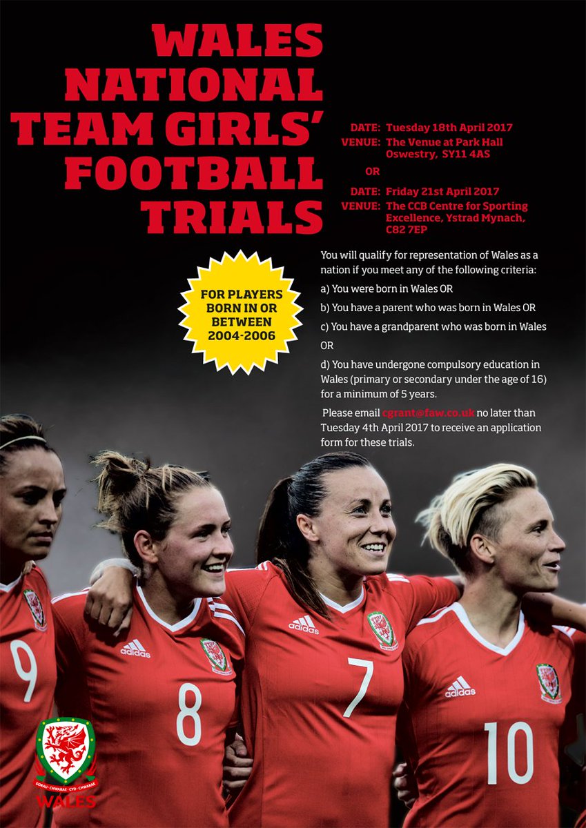APPLY NOW | Wales National Team Girls' Football Trials 📅 18 April 📍@VenueOswestry 📅 21 April 📍@CSEYstradMynach #TogetherStronger