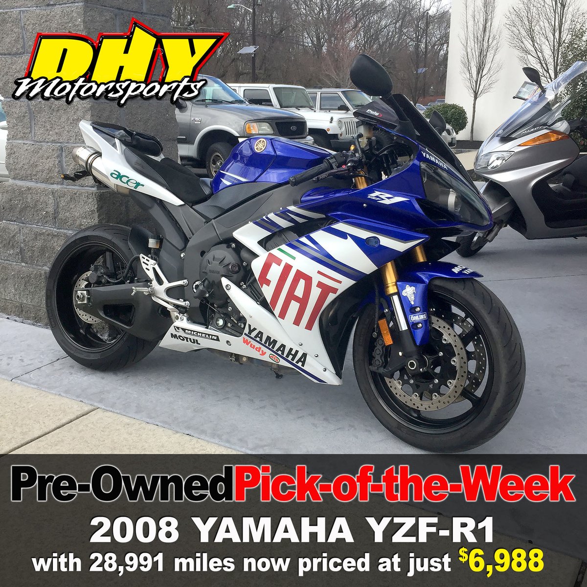 DHYNJ's tweet photo. #PreOwnedPickoftheWeek is this 2008 #Yamaha #YZFR1 with 28,991 miles now priced at just $6,988 at #DHYMotorsports #Supersport https://t.co/0fxrUIpXJs