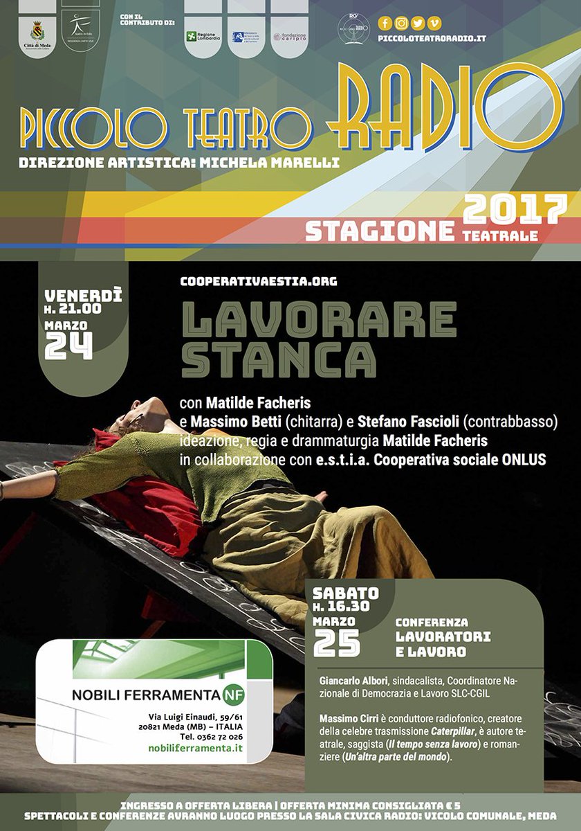 TeatroRadio's tweet photo. Venerdì 24/03, 21.00
Lavorare stanca
con M. Facheris, M. Betti e S. Fascioli
Sabato 25/03, 16.30
Conferenza con G. Albori e Massimo Cirri https://t.co/ALUHrJcbRT
