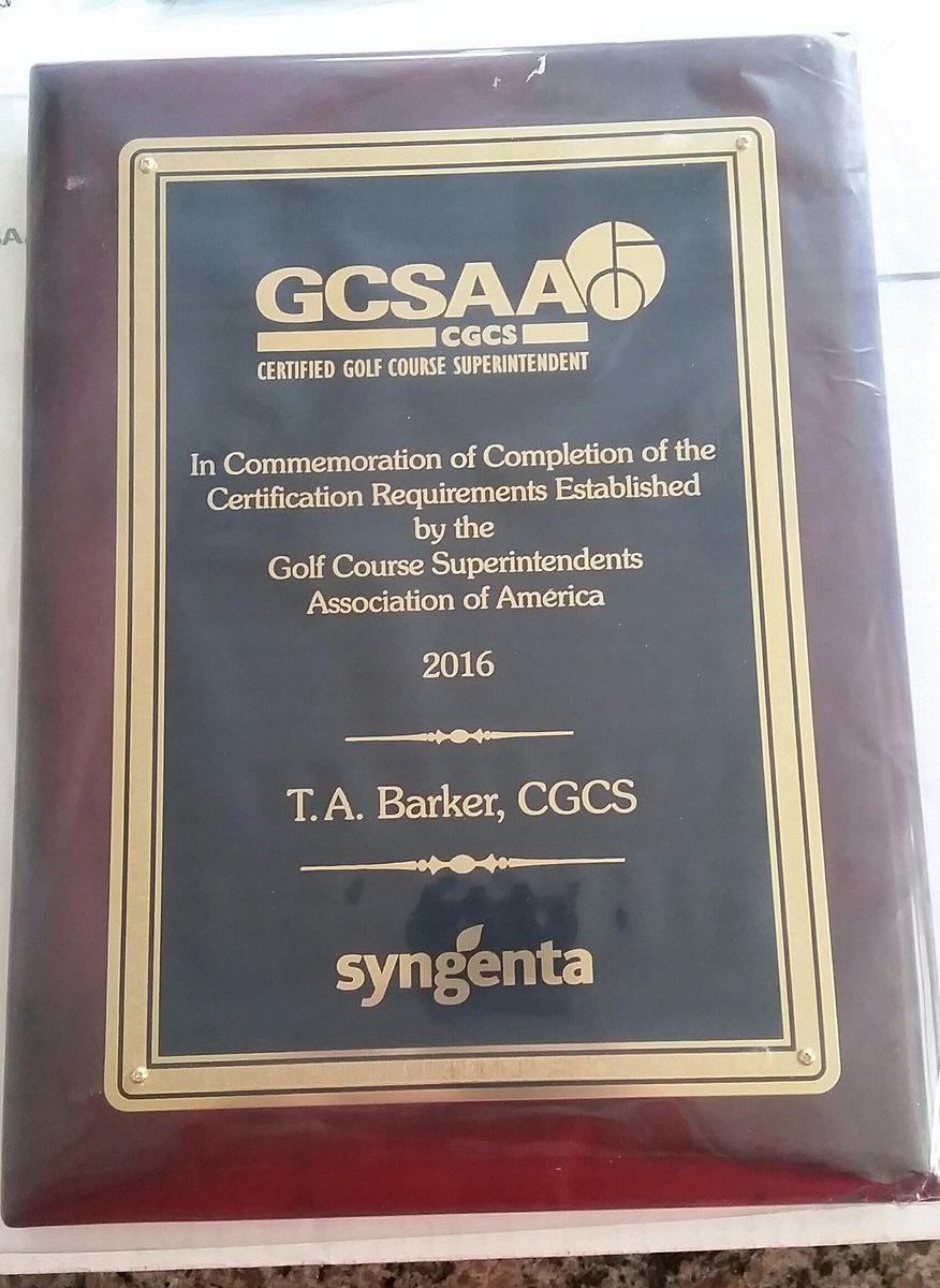 TA_Barker_CGCS's tweet photo. Just got this today! Thank you @SyngentaTurf for the support towards @GCSAA certification.  It will hang with pride in my Club House. https://t.co/cLCqtxCFOn