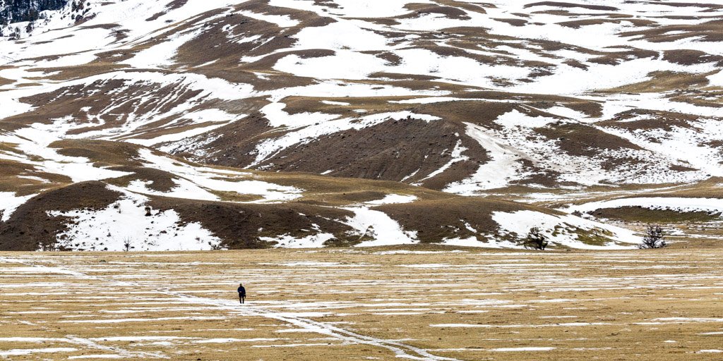ynpforever's tweet image. Lost in patterns of snow, dirt, grass and ice, a lone hiker heads up Rescue Creek Trail near Yellowstone's North Entrance. #YFFridaySendoff