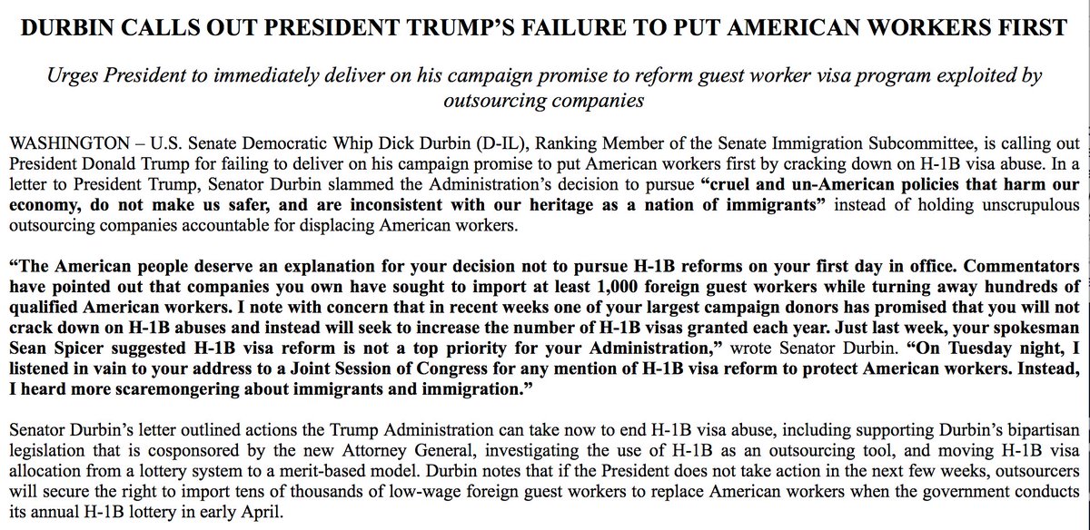 SenatorDurbin's tweet photo. President Trump promised the American people he would put American workers first. It’s time he made good on that promise https://t.co/U9CdnkD57U