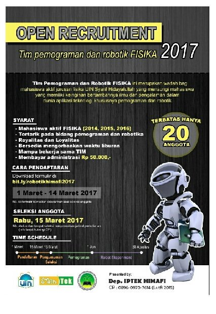 OPEN RECRUITMENT!
pendaftaran masih dibuka. Yukk ikutan!
(Khusus mahasiswa/i aktif fisika uin syarif hidayatullah jakarta)