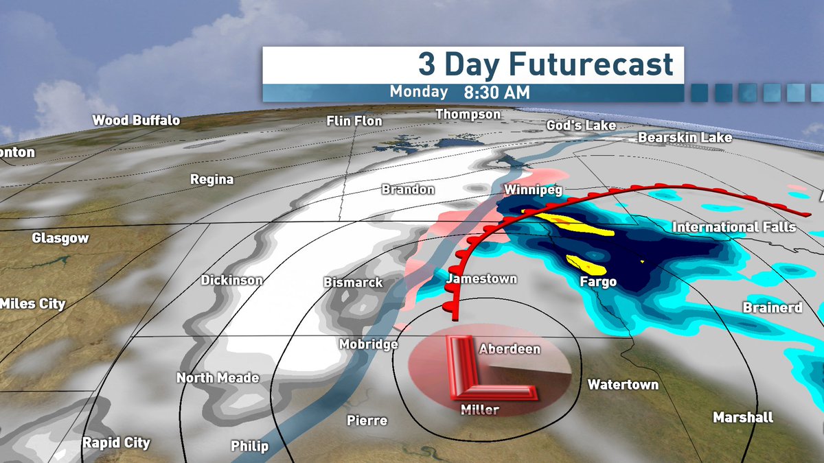 johnsauderCBC's tweet photo. The Friday aft view of Monday's #storm acrdg to #Futurecast. If it shifts east it's more #snow for SE MB #trackingit #cbcmb #mbstorm https://t.co/Uppip5sEA7