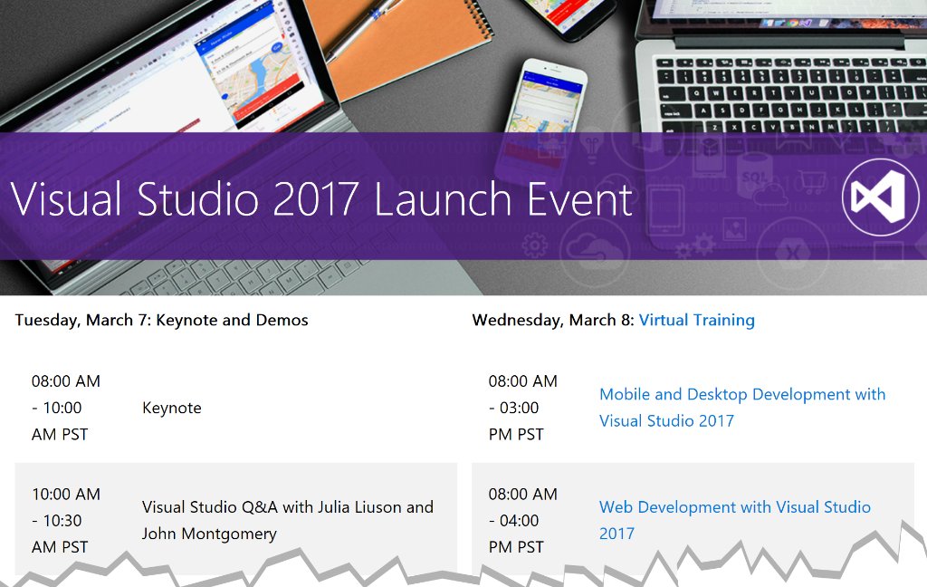 VisualStudio's tweet photo. The #VS2017 Launch Event is just days away. Check out the agenda &amp; choose the training that best fits your needs: https://t.co/xrLaZkHgOl https://t.co/n7a0nuUmyB