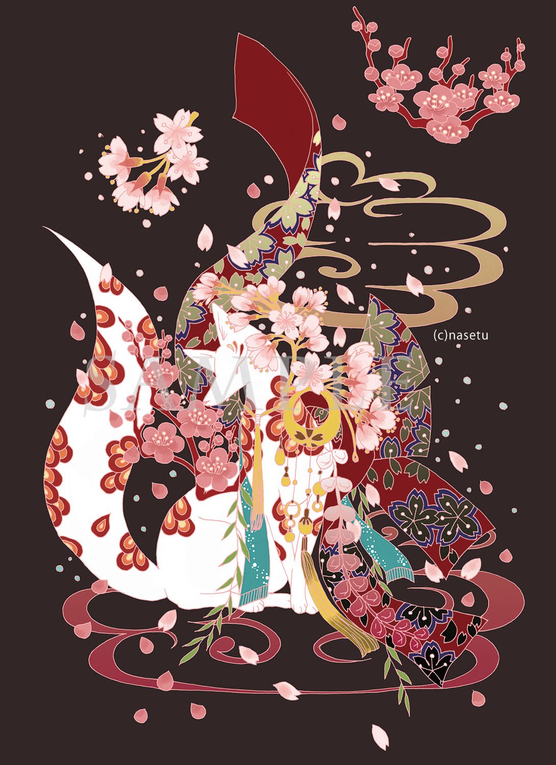 夏雪 なせつ 和と動植物イラストレーター 在 Twitter 上 できた この４つで１つの構成になります てぬぐいは てぬぐいは間に合うかちょっと微妙ですが 交渉してみるつもりです 狐 春 桜 梅 花 和風 白狐 黒狐 和 イラスト 動物 Illustration